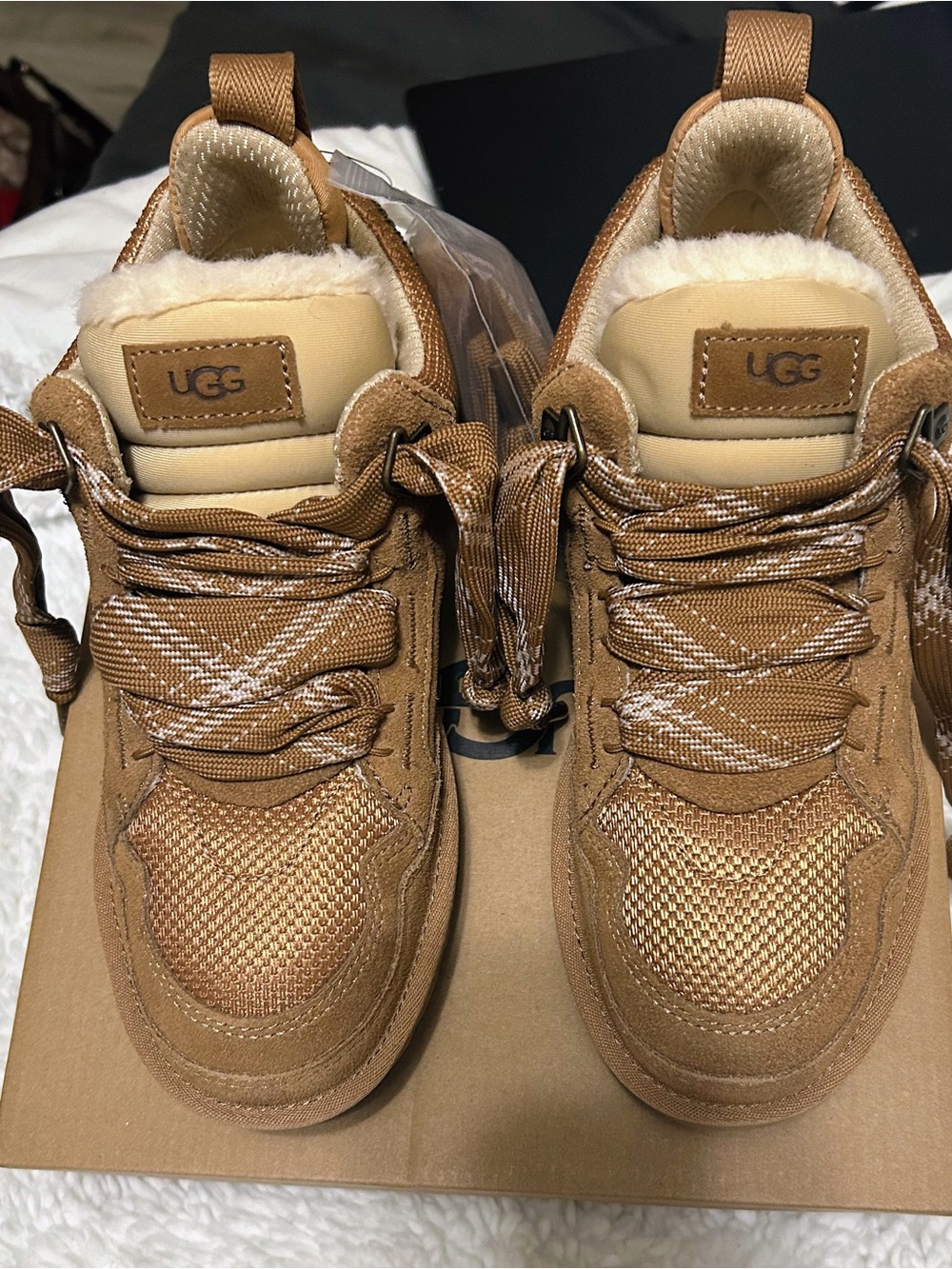 UGG women’s Chestnut Brown Lace-Up Sneakers with Shearling Trim
